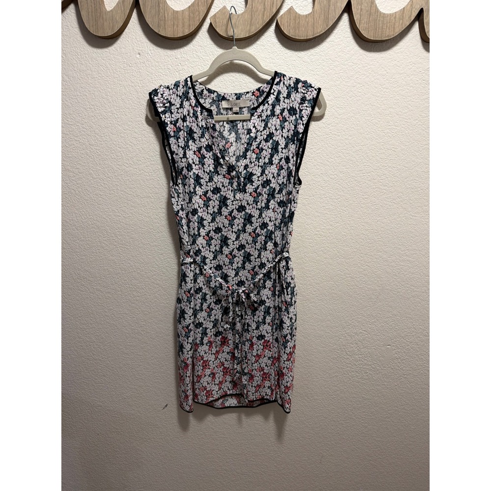 Loft Womens Floral Mini Dress Blue White Pink, Tie Waist Size M